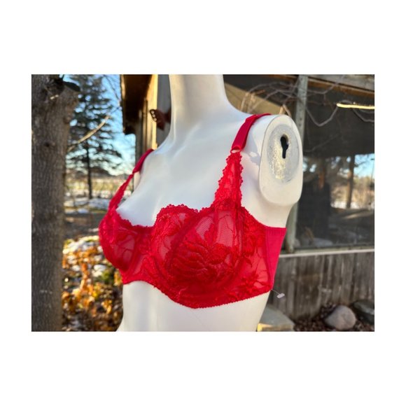 Vintage 90s Colesce Couture Lingerie Demi Cup Bra Red Lace Made in USA Sz 36C - Picture 2 of 8